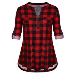 Womens Tunic Shirts Plaid Printed Blouses Casual Rolled Sleeve Zipped V-Neck Tunic Tops Blouse Ladies Spring Autumn Tops blusas