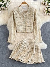 Autumn Winter Luxury Style Tweed Sets Womens Fashion Diamonds Buttons Sequined Short Coat Pleated Mini Skirts Two-piece Suit 240329