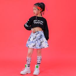 2023 Cheerleading Girls Street Dance Wear Black Crop Tops Skirts Suit Children Jazz Modern Dance Hip Hop Rave Clothes DQS12903