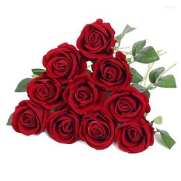 Decorative Flowers 10 PCS Artificial Roses Silk Velvet Realistic Blossom Rose Long Stem Bouquets For Home Wedding Decoration