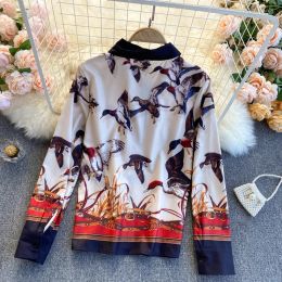 Spring New Hit Color Blouse Female Lapel Temperament Printing Blusa Single-breasted Slim Loose Large Size Shirt C521