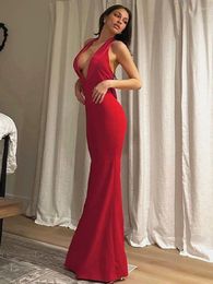 Casual Dresses 2024 Summer Backless Red Bowknot Evening Dress Women Elegant Sexy Sleeveless Halter Neck High Waist Long Weddding Party