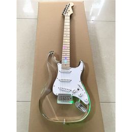 High Quality Classic Acrylic Clear Plexiglas Crystal string Electric Guitar with Coloured Lights Maple Neck Free Shipping
