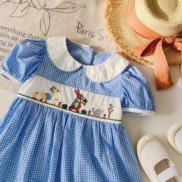 Girl's Dresses Summer Animal Embroidery Plaid Girls Dress Lace Edge Doll Lapel Bubble Sleeve ChildrenS Dress Cute Plaid Baby Kids Clothing