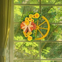 Decorative Flowers Spring Front Door Wreath Wooden Wheel 41x41cm Handmade Realistic Welcome Sign For Window Porch Lightweight Multipurpose