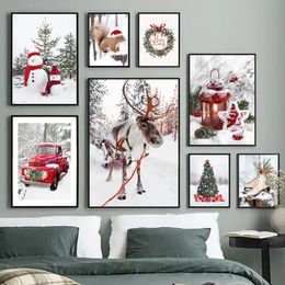 Winter Scenery Picture Canvas Painting Wall Art Snow Red Car elk Pine Christmas Tree Gift Poster and Print Home Living Room Deco