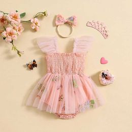 Girl's Dresses Infant Baby Girl Summer Romper Clothes Flower Embroidered Mesh Tulle Romper Dress Sweet Triangle-Bottom Jumpsuit with Headband