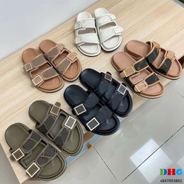 Designer Männer Frauen Sandalen Leinwandrutschen Doppelgurt flache Schnalle Slipper Mule Leder Bottom Beach Slides Rubber Soals Sommer Flip Flops mit Kasten US4-11