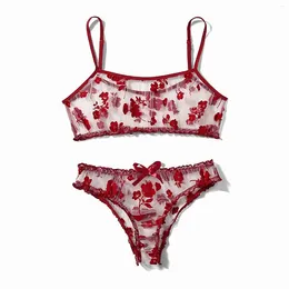 Bras Sets Sexy Bra & Brief Red Embroidery Lace Nightgown Ladies Round Neck Sleepwear Women Valentine Day See-through Lingerie