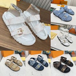 Designer Sandalen Sonnenuntergang Gleiten Frauen Sandalen Bom Dia Pantoffeln Doppelbänder Rutschen Männer Mules Denim Schnalle Mule Druck Baumwolle Sommer Beach Flat Heel Schuhe