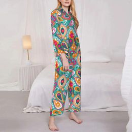 Home Clothing 70s 60s Boho Retro Pajama Set Hippy Chic Print Fashion Sleepwear Lady Long Sleeves Casual Loose Bedroom 2 Pieces Suit