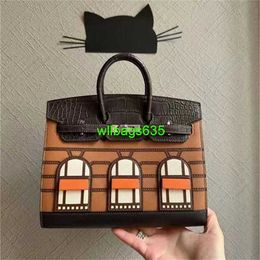 House Platinum Bags Bk Leather Handbags New 20cm Small House Cowhide Bag Womens Head Layer Cowhide Handbag with Crocodile Pattern and Palm p have logo HBZ4