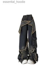 Women's Jeans Womens retro high waisted star jeans luggage oversized denim mens 90s Y2k street clothing wide leg jeans C240411