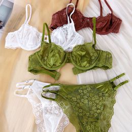 Sexy Female Lingerie Set Satin Lace Patchwork Ultra Thin Bra and Thong Underwear with Steel Ring Mesh Lined Women Intimates