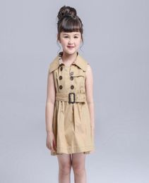 New Spring Summer Girls Dress Doublebreasted Sleeveless Vest Dress Europe Fashion Kids Children Princess Pleated Dresses With Bel4755620