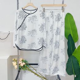 O-Neck Pyjamas Set Print Women Long Sleeve Sleepwear Nightwear China Style Summer Top&Trouser Sleep Suits Satin Home Wear