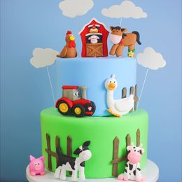 Farm Animal Cake Topper Decor Barnyard Animals Theme Birthday Baby Shower Tractor Shepherd Dog Granary Cow Goose White Couds