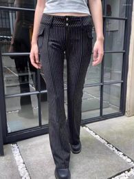 Women's Pants Retro Striped Black Pockets Long Women Slim Streetwear Cotton Button Low Rise Flare Jeans Chic Harajuku Y2K Denim Trousers