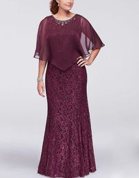 Elegant Burgundy Lace Long Mother Of The Bride Dresses Jewel Neck Cap Sleeves Plus Size Groom Mom Formal Wear Beaded Floor Length Chic Wedding Guest Dress For Women