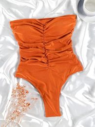 Women's Swimwear Orange High Waist One Piece Suits Bandeau Pleated Swimsuit Women 2024 Sexy Off Shoulder Bathing Suit Beachwear