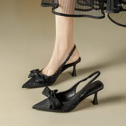 Dress Shoes Heel Rear Trip Black Pointed Sandals Women's Summer Thin Adult Ceremony Bow Pumps Women