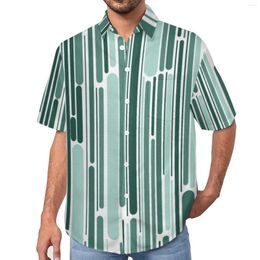 Men's Casual Shirts Retro 70S Green Line Loose Shirt Men Beach Abstract Geometric Hawaiian Custom Short-Sleeve Trendy Oversize Blouses