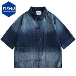 Men's Casual Shirts Blue Denim Men Japan Style Loose Short Sleeve Button Up Blouse Streetwear Hip Hop Harajuku Oversized Jeans