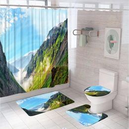 Shower Curtains Mountain Scenic Curtain Sets Natural Blue Sky White Cloud Fabric Bathroom Non-Slip Bath Mat Rug Lid Toilet Cover