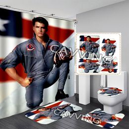 TOP GUN 3D Shower Curtains Waterproof Bathroom Curtain Anti-slip Bath Mat Set Toilet Rugs Carpet Home Decor J01