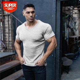 2020 New Summer Fitness Mens T shirt Thin Pullover Sweaters Solid vertical stripes V Neck Short sleeve Knitwear Top Tees Male qW58069070