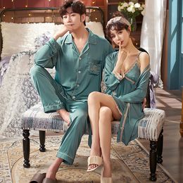 Sexy Women Padded Bra Robe Nightwear Silk Satin Thin Pyjama Man Sets Spring Summer Solid Pyjamas for Couples Wedding Night Wears
