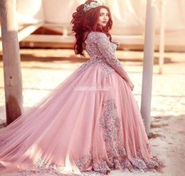 Charming Dusty Pink Long Sleeves Evening Dresses Princess Muslim Ball Gown Prom Dresses With Sequins Red Carpet Runway Dresses Cus6225629