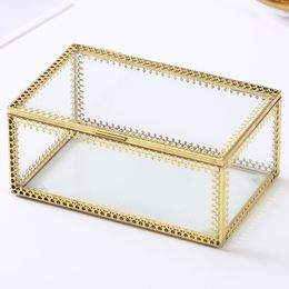 Ornate Gold Brass Vintage Glass Jewellery Box Lace Edged- Rectangle Geometric Jewellery Display Organiser Jewellery Box Case Home Box