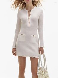 Casual Dresses 2024 Spring Summer White Or Black Women Elegant Knit Dress Hollow Out Slim O-Neck Long Sleeve Ladies Mini Robe