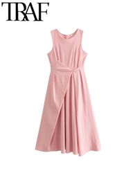 TRAF Summer Pink Party Women Texture Asymmetric Ruched Tank Dress Slim Robe Sleeveless Female Zipper Back Midi Dresses Y2K 240411