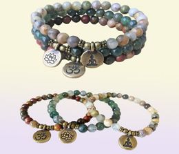 MG0672 Picasso Jasper Ohm Bracelet Natural Crzay Agate Mala Beads Bracelet New Design Moss Agate Lotus Charm Bracelet1428850