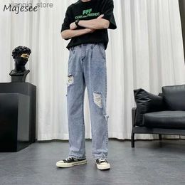 Men's Jeans Jeans Men Straight Solid Blue Trouser Denim Ulzzang Summer Hole Fashion All-match Male dents Loose Casual Chic Popular L49