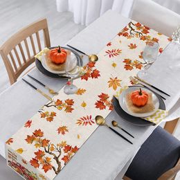 Linen Fall Table Runner Orange Maple Leaf Autumn Table Runner for Kitchen Table Farmhouse Truck Indoor Outdoor Home Party Decor