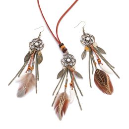 Boho Vintage Round Dream Catcher Long Feather Earrings Sets Handmade Leaf Chain Tassel Necklace Earrings Party Jewellery Gift