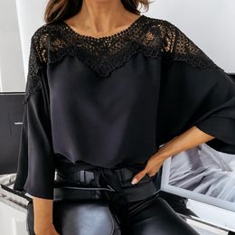 Vintage Women Blouse Top Crochet Long Sleeve Round Neck Lace Stitching Hollow Office Lady Fall Shirt For Work