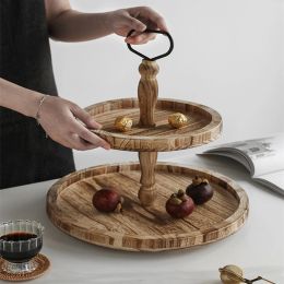 Multifunctional Round Wooden 2-Tier Serving Tray Stand Cake Candy Snack Dessert Storage for Home Table Decorative