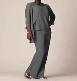 Grey Chiffon Formal Pant Suits For Mother Groom Dresses Evening Wear Long Mother of the Bride Dresses With Jackets Plus Size Custo6647339