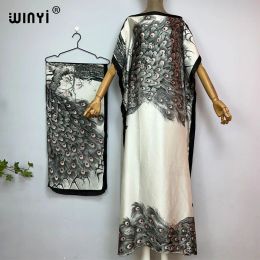 WINYI Africa summer kaftan with belt Women Classic peacock print Caftan Elegant Holiday summer Maxi silk Bohemian party dress