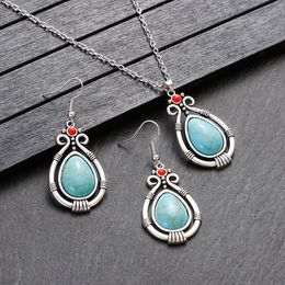Ethnic Boho Water Drop Turquoises Stone Pendant Earring Set Vintage Silver Colour Long Chain Necklace Sets Female Jewellery Bijoux