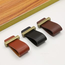 96/128mm Cabinet Door Leather Handle Wardrobe Pulls Retro Classical Drawer Dresser Brown Kitchen Furniture Handles Leather Knobs