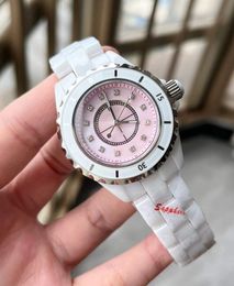 Charm Women Geometric Number Quartz Watches Natural Pink Mother of Pearl Shell Ceramics Watch 12-series Clock White Ceramic Strap Wristwatch 33mm