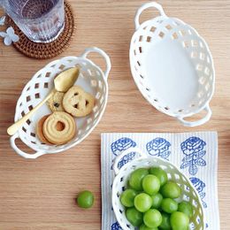 Plates Hand Made Ceramic Baskets Plate Hollow Carved Embossed Craft With Ears Snack Candy Biscuits Bread Nuts Fruit Storage