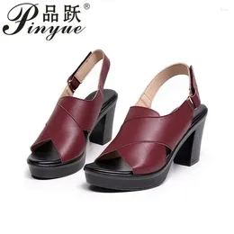Dress Shoes 7cm Women's Sandals Genuine Leather Platform Sandal Summer Thick Sole High Heels Ladies For Women 35 41