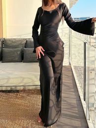 Fashion Satin Party Dress Robe Women Elegant Solid Round Neck Flare Sleeves Slim Maxi Lace Up Black Long 240411