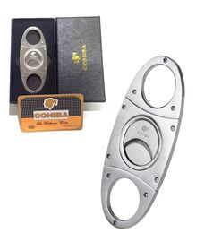 Fashion High-Grade Portable Silver Stainless Steel Cigar Cutter Guillotine Double Cut Blade in Black Gift Box Smoke Knife6792594